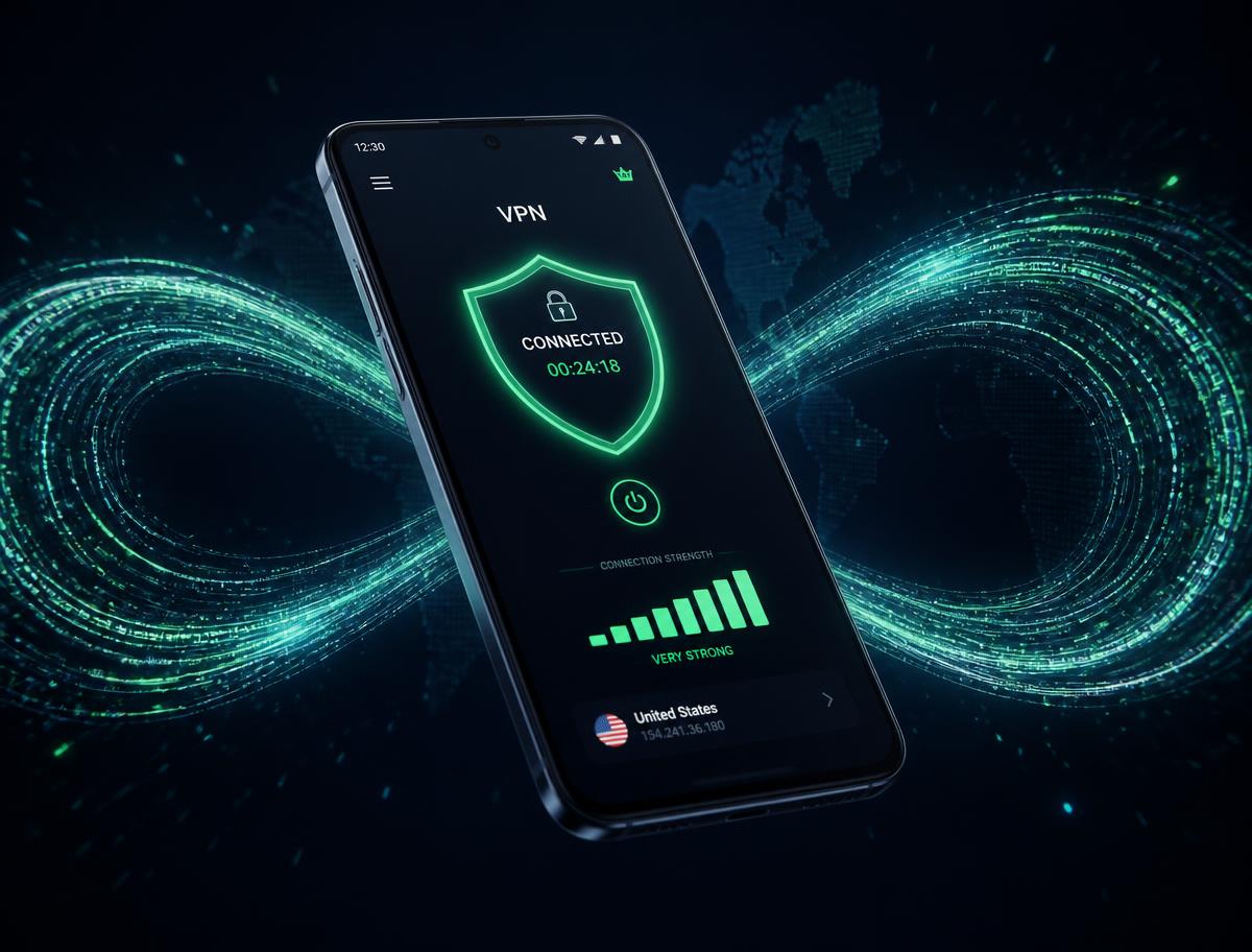 Celular Android conectado ao aplicativo Internet Ilimitada VPN com sinal forte